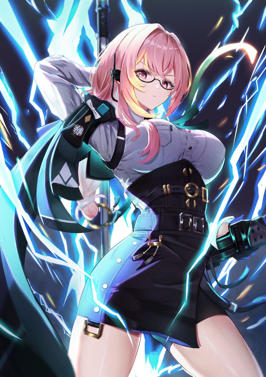 1girl arm_up black-framed_eyewear black_skirt breasts closed_mouth commentary_request cowboy_shot earpiece electricity gao_kawa glasses high-waist_skirt highres holding holding_behind_back holding_polearm holding_weapon large_breasts long_hair looking_at_viewer pink_eyes pink_hair polearm semi-rimless_eyewear shirt skirt solo tsukishiro_yanagi under-rim_eyewear underbust weapon white_shirt zenless_zone_zero