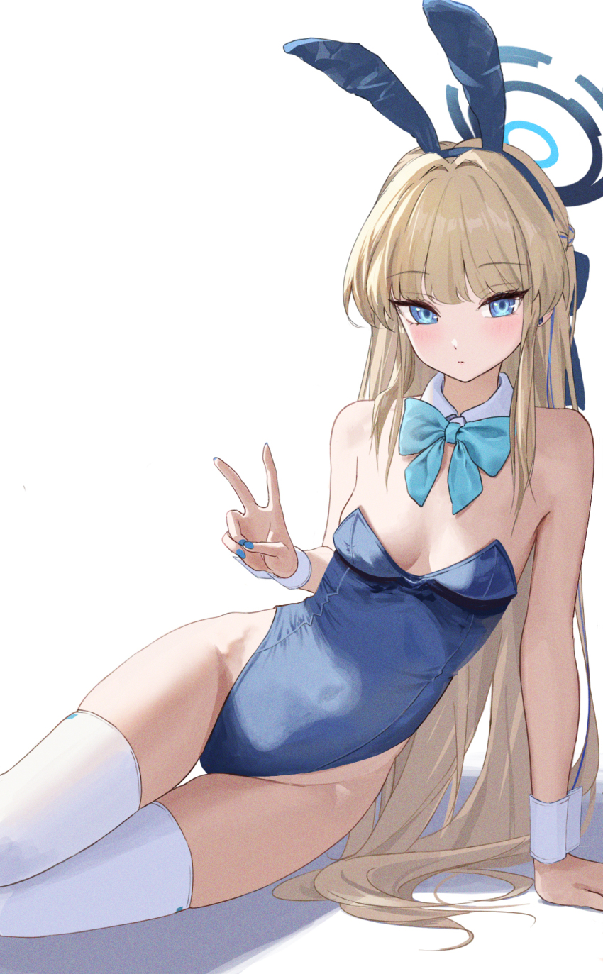 1girl animal_ears aqua_bow aqua_bowtie blonde_hair blue_archive blue_eyes blue_hair blue_hairband blue_leotard blue_nails blush bow bowtie breasts closed_mouth commentary cowboy_shot detached_collar fake_animal_ears film_grain hairband halo highres hoshinopurin leotard long_hair looking_at_viewer medium_breasts multicolored_hair nail_polish official_alternate_costume playboy_bunny rabbit_ears shadow sidelocks simple_background solo strapless strapless_leotard streaked_hair thigh_gap thighhighs toki_(blue_archive) toki_(bunny)_(blue_archive) v very_long_hair white_background white_thighhighs white_wrist_cuffs wrist_cuffs