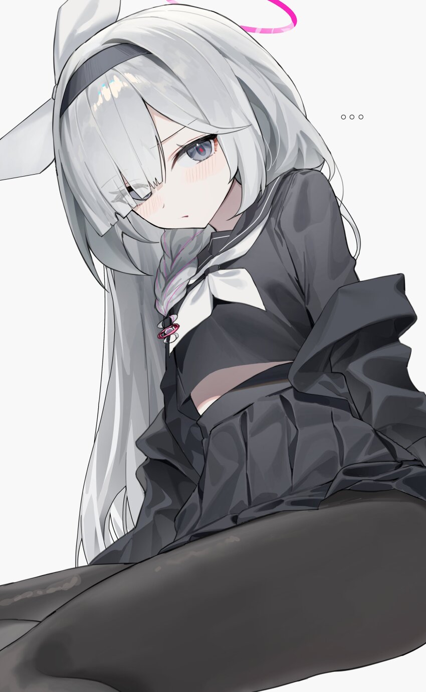 ... 1girl absurdres arms_at_sides black_coat black_hairband black_pantyhose black_sailor_collar black_serafuku blue_archive bow bow_hairband braid closed_mouth coat cowboy_shot front_braid grey_eyes hair_over_one_eye hairband halo highres huu_(dighapdlxm12) light_blush long_hair long_sleeves looking_at_viewer midriff_peek neckerchief off_shoulder pantyhose parted_bangs pink_halo pink_pupils plana_(blue_archive) pleated_skirt sailor_collar school_uniform serafuku short_braid simple_background single_braid sitting skirt solo straight_hair white_background white_bow white_hair white_neckerchief yokozuwari