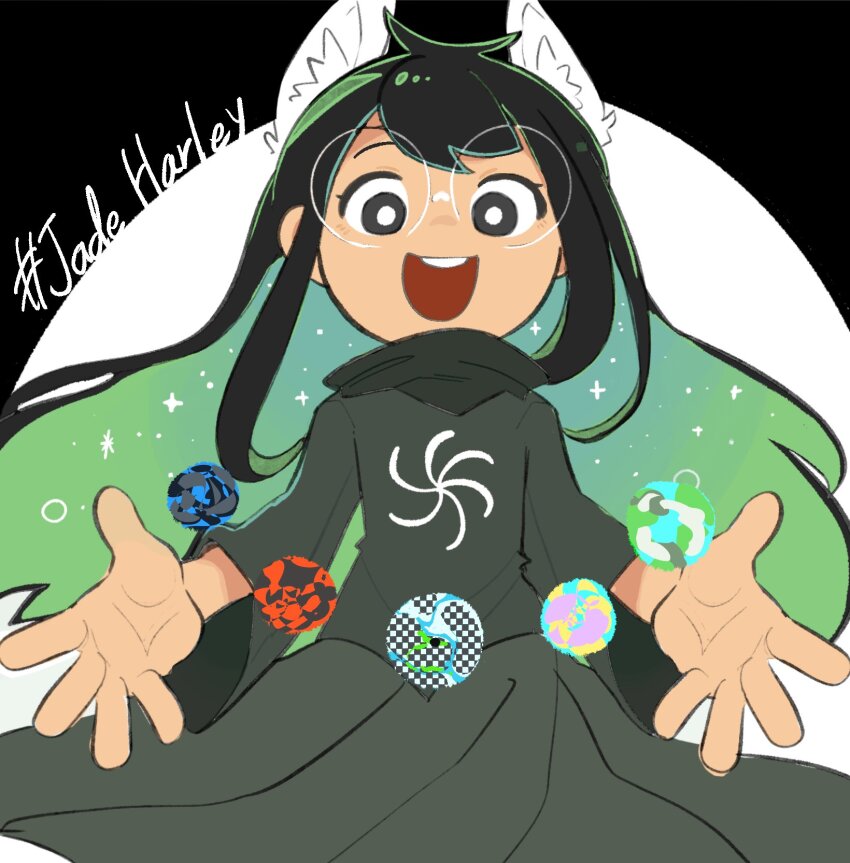 1girl animal_ears black_dress black_eyes black_hair black_scarf colored_inner_hair dog_ears dress glasses god_tier_(homestuck) green_hair highres homestuck jade_harley kl_oekaki long_hair long_sleeves multicolored_hair open_mouth scarf smile solo very_long_hair