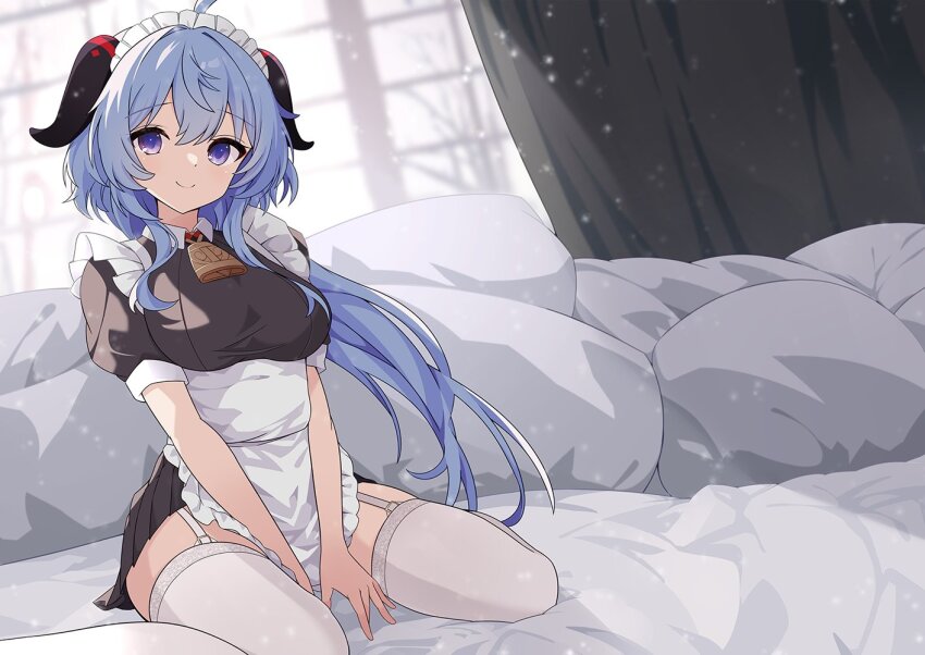 1girl ahoge alternate_costume apron bell blue_hair closed_mouth curtains enmaided ganyu_(genshin_impact) garter_straps genshin_impact goat_horns horns indoors looking_at_viewer maid maid_apron maid_headdress neck_bell on_bed pillow purple_eyes short_sleeves sitting smile solo thighhighs ton_ton_tontoro wariza white_apron white_thighhighs