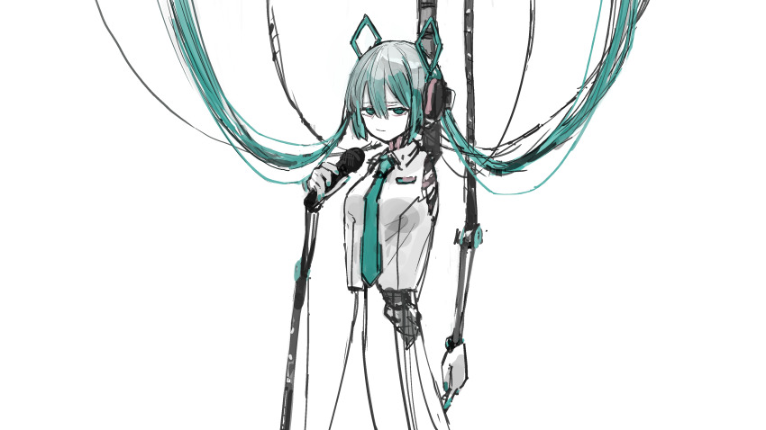 1girl @_@ absurdres android aqua_eyes aqua_hair cable commentary detached_arm hatsune_miku highres long_hair mechabare microphone solo torso twintails uranosebi very_long_hair vocaloid white_background