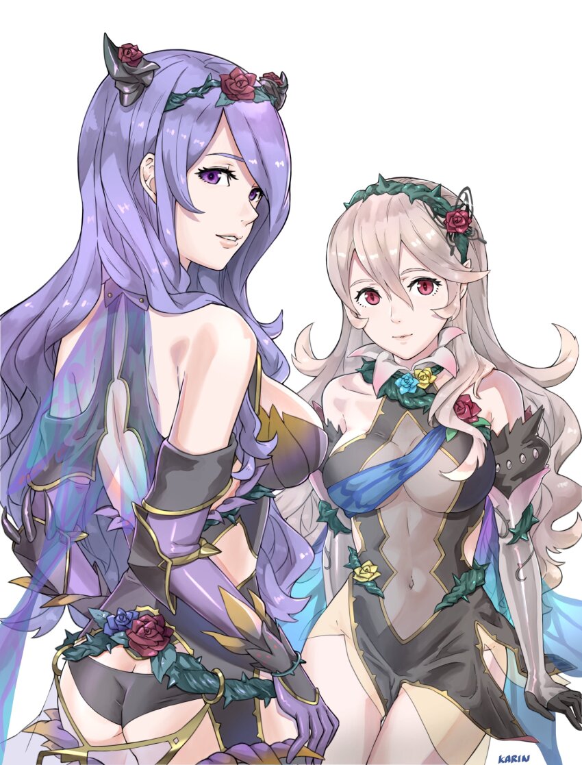 2girls absurdres ass back black_panties blush breasts butt_crack camilla_(fire_emblem) camilla_(resplendent)_(fire_emblem) cape cleavage corrin_(female)_(fire_emblem) corrin_(female)_(resplendent)_(fire_emblem) corrin_(fire_emblem) fire_emblem fire_emblem_fates fire_emblem_heroes gloves hair_ornament hair_over_one_eye highres karrincorrin large_breasts long_hair looking_at_viewer medium_breasts multiple_girls navel nintendo official_alternate_costume panties purple_eyes purple_hair red_eyes see-through_clothes simple_background smile tiara underwear very_long_hair wavy_hair