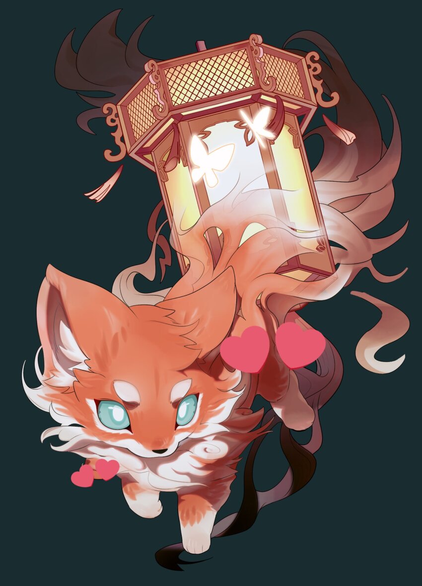 1other animal_focus aqua_eyes architecture bug butterfly east_asian_architecture floating_hair fox green_background heart highres insect juchuaner lantern no_humans original red_fur short_eyebrows solo