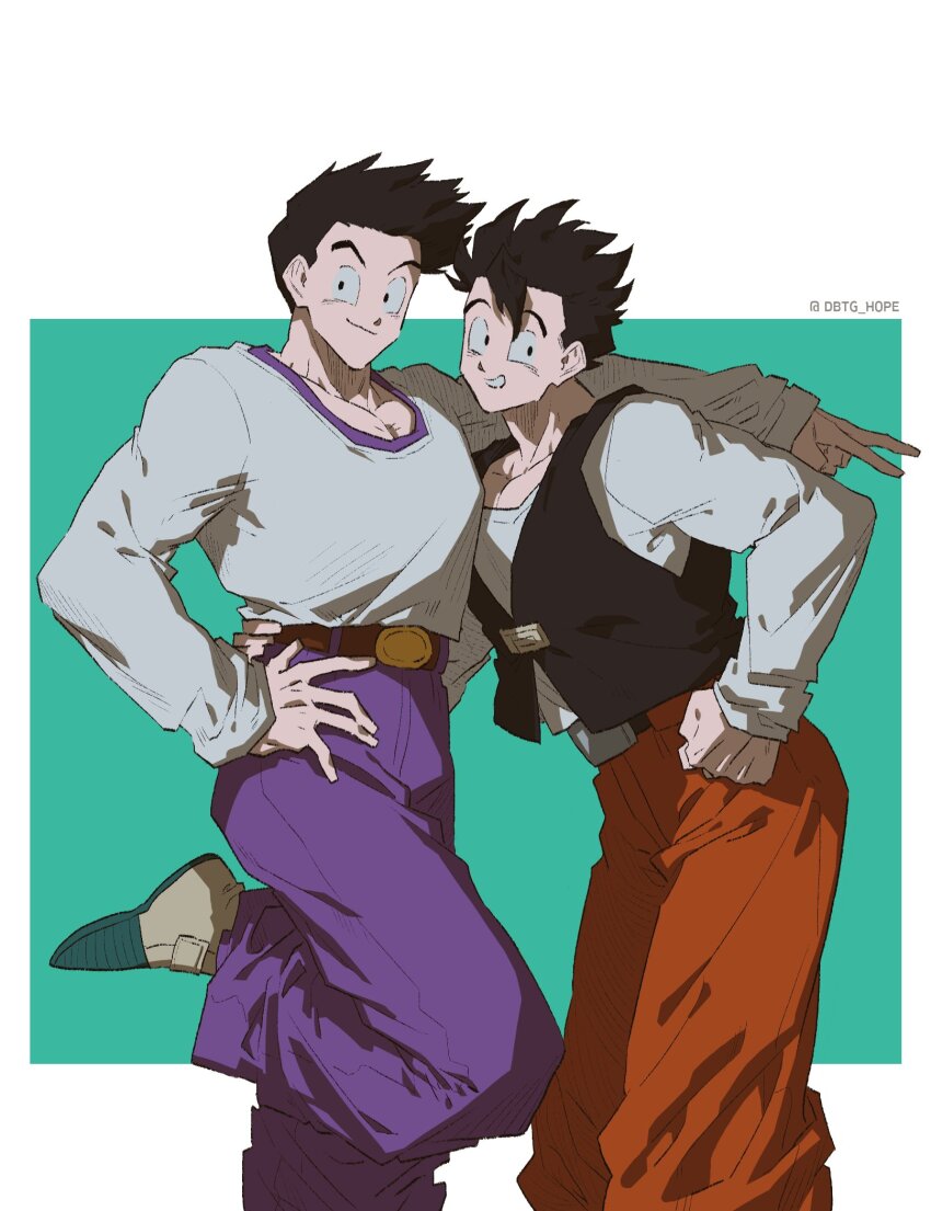 2boys black_eyes black_hair black_vest brothers dbtg_hope dragon_ball dragon_ball_gt dragonball_z grin hand_on_another&#039;s_back hand_on_own_hip highres leg_up long_sleeves looking_to_the_side male_focus multiple_boys muscular muscular_male orange_pants pants purple_pants shirt shirt_tucked_in short_hair siblings single_bang smile son_gohan son_goten spiked_hair time_paradox twitter_username v vest white_shirt