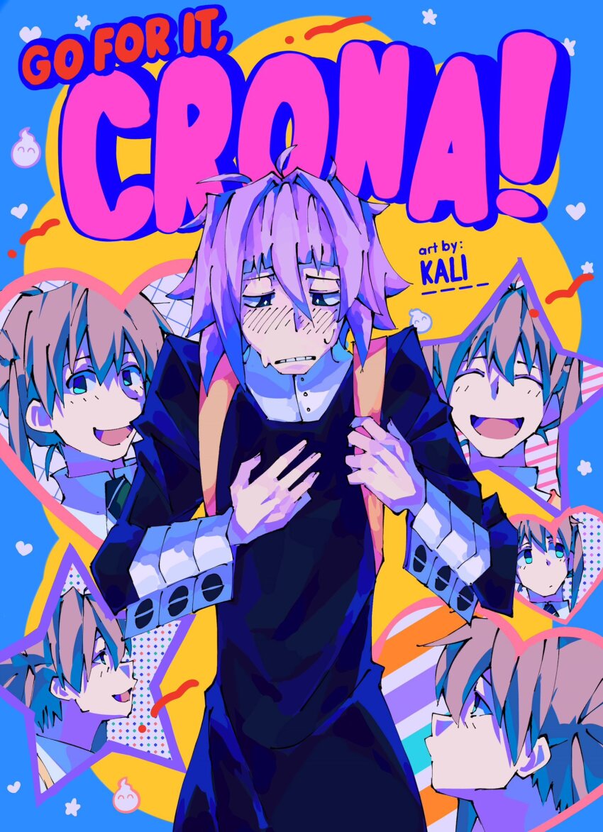 ! 1girl 1other :d ^_^ androgynous artist_name backpack bag black_eyes blonde_hair blush character_name clenched_teeth closed_eyes closed_mouth commentary cover cover_page crona_(soul_eater) cuff_links diagonal-striped_background english_commentary english_text fake_cover ganbare!_nakamura-kun!! green_eyes grid_background hair_between_eyes heart highres kaligraphy maka_albarn manga_cover nervous_sweating nose_blush open_mouth other_focus other_with_female parody polka_dot polka_dot_background purple_hair short_twintails sleeve_cuffs smile soul_eater star_(symbol) strap striped_background sweat teeth title_parody twintails white_sleeve_cuffs