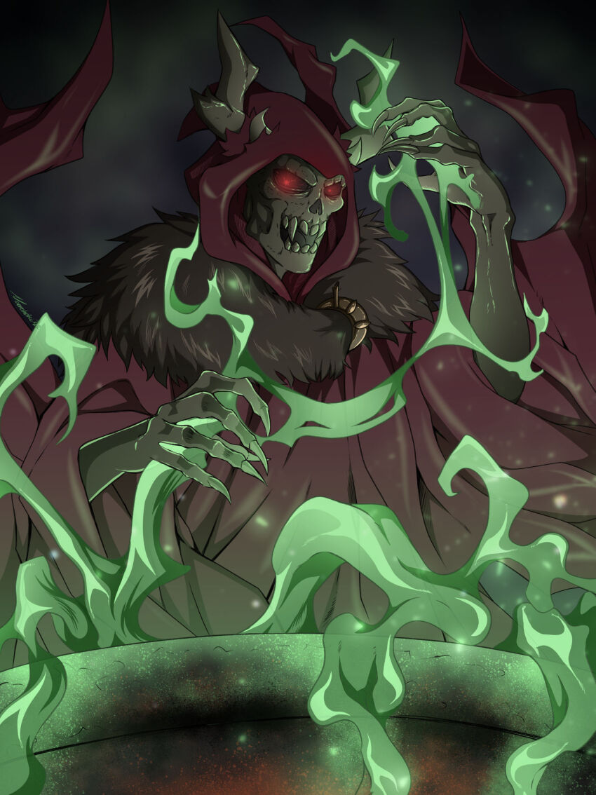 cauldron highres horns lich magic noirchotic red_eyes red_robe robe smile the_black_cauldron the_horned_king