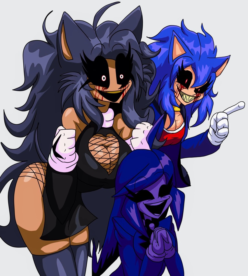 3girls ass black_dress blood bloody_tears blue_jacket breasts crying crying_with_eyes_open dress genderswap genderswap_(mtf) gloves jacket jmccormick long_hair lord_x_(sonic.exe) majin_sonic milady_x_(jmc) multiple_girls open_mouth personification smile sonic.exe sonic.exe_(character) sonic_(series) tears white_gloves yellow_teeth