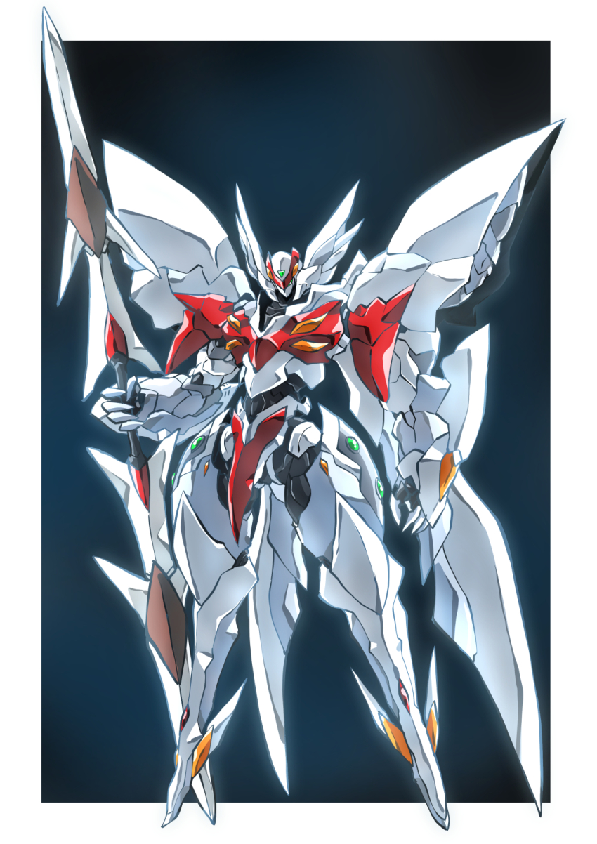 1990s_(style) 1boy armor blaster_mode blaster_tekkaman_blade_(character) green_eyes highres holding holding_weapon mask mecha power_armor retro_artstyle robot science_fiction simple_background solo standing taiga_hiroyuki tekkaman_blade weapon