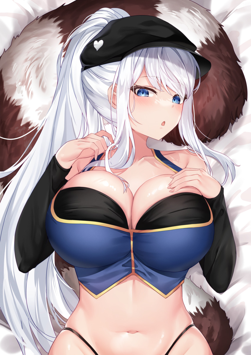 1girl absurdres black_hat black_sleeves blue_eyes breasts cleavage collarbone commission deogho_(liujinzy9854) detached_sleeves hand_on_own_chest hat heart highres large_breasts long_hair lying navel on_back open_mouth original panty_straps ponytail raccoon_tail solo tail white_hair