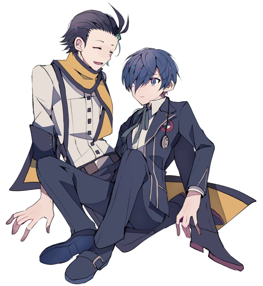 2boys black_footwear black_hair black_jacket black_pants black_ribbon black_wrist_cuffs blue_eyes blue_hair buckle closed_eyes collared_jacket dark_blue_hair gekkoukan_high_school_uniform hair_behind_ear hair_between_eyes hair_over_one_eye hand_on_ground headphones headphones_around_neck high_collar highres jacket long_scarf long_sleeves male_focus mochizuki_ryouji multicolored_clothes multicolored_scarf multiple_boys neck_ribbon one_eye_covered open_mouth pants persona persona_3 ribbon scarf school_uniform shoe_buckle shoes simple_background sitting sitting_on_lap sitting_on_person teketeke_(tasutekete) white_background white_jacket wrist_cuffs yellow_scarf yuuki_makoto_(persona_3)