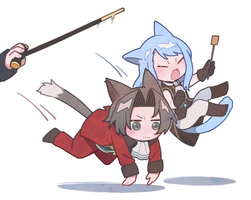 ace_attorney ace_attorney_investigations ace_attorney_investigations:_miles_edgeworth aged_down animal_ears ascot baked_frost black_footwear black_gloves blue_hair cane cat_boy cat_ears cat_girl cat_tail chibi chibi_only closed_eyes closed_mouth franziska_von_karma gloves grey_eyes grey_hair highres holding holding_cane holding_riding_crop jacket kemonomimi_mode light_blue_hair manfred_von_karma medium_hair miles_edgeworth open_mouth out_of_frame pants parted_bangs red_jacket red_pants riding_crop short_hair simple_background step-brother_and_step-sister tail thrown white_ascot white_background white_pants