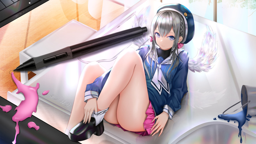 1girl artist_name ass blue_hat braid closed_mouth hat highres kayjae legs long_sleeves looking_at_viewer original pen pink_skirt pleated_skirt shoes skirt socks solo white_socks wings