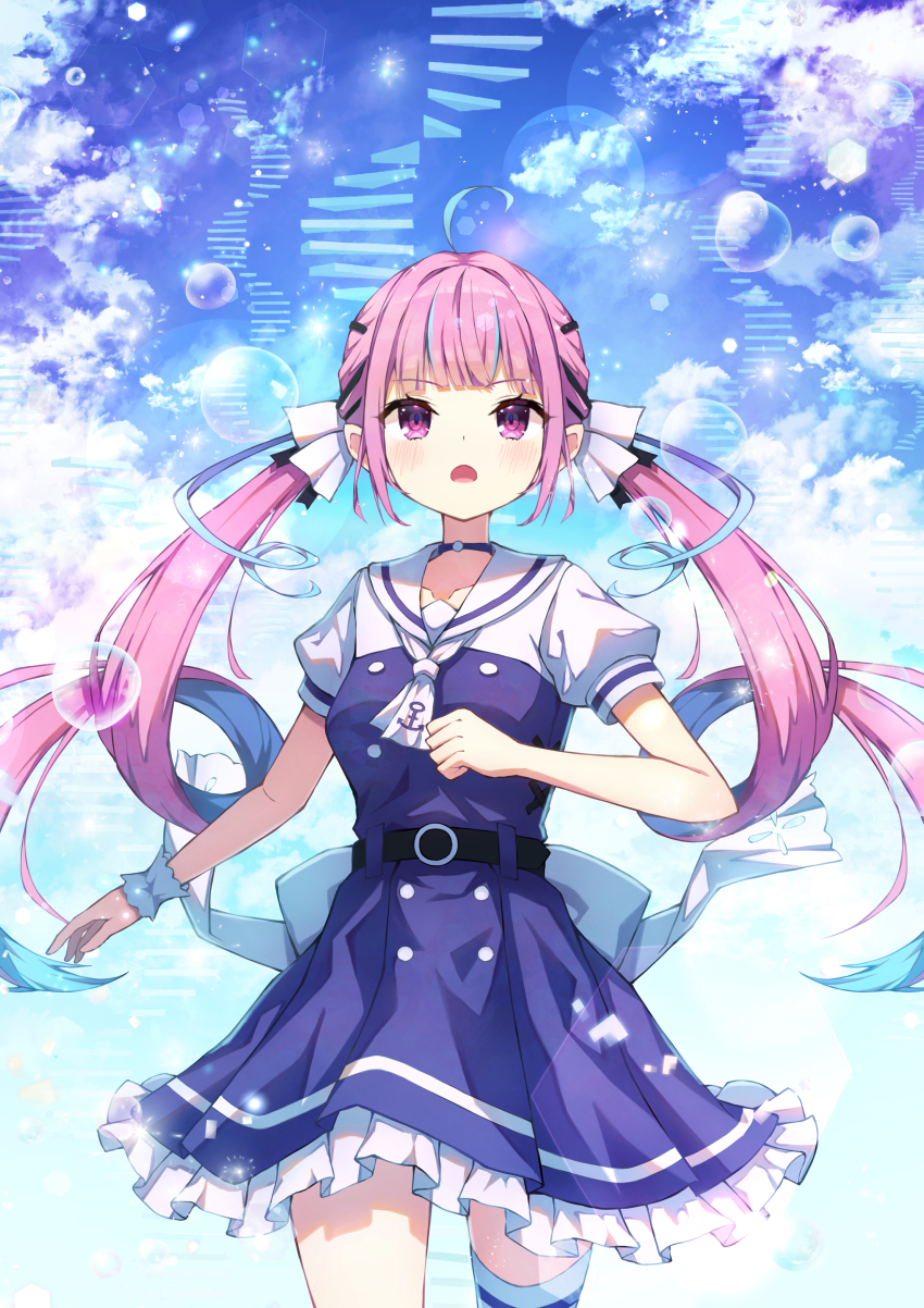 1girl absurdres ahoge aquarium_(visual_novel) blue_dress blue_hair blue_sky blush choker cloud colored_inner_hair commentary_request cowboy_shot day dot_nose dress drill_hair frilled_dress frills hair_ribbon highres hololive long_hair looking_at_viewer minato_aqua mionohoshi multicolored_hair open_mouth outdoors pink_eyes pink_hair puffy_short_sleeves puffy_sleeves ribbon sailor_dress short_dress short_sleeves single_thighhigh sky solo standing straight-on streaked_hair thighhighs twin_drills twintails two-tone_hair very_long_hair virtual_youtuber white_thighhighs