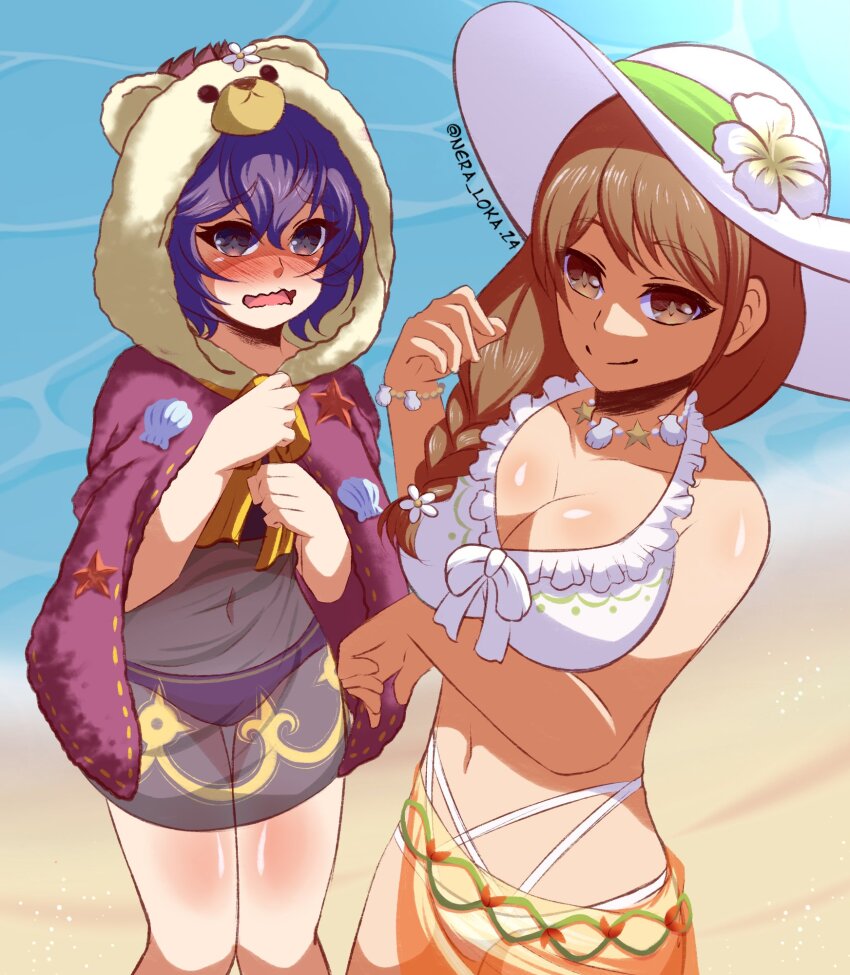 (xen)_nera_loka 2girls arm_under_breasts beach bernadetta_von_varley bernadetta_von_varley_(summer) bikini braid breasts brown_eyes brown_hair cleavage fire_emblem fire_emblem_engage fire_emblem_heroes from_above goldmary_(fire_emblem) goldmary_(summer)_(fire_emblem) highres large_breasts long_hair looking_at_viewer multiple_girls navel nintendo ocean official_alternate_costume open_mouth purple_eyes purple_hair sand short_hair swimsuit water white_bikini