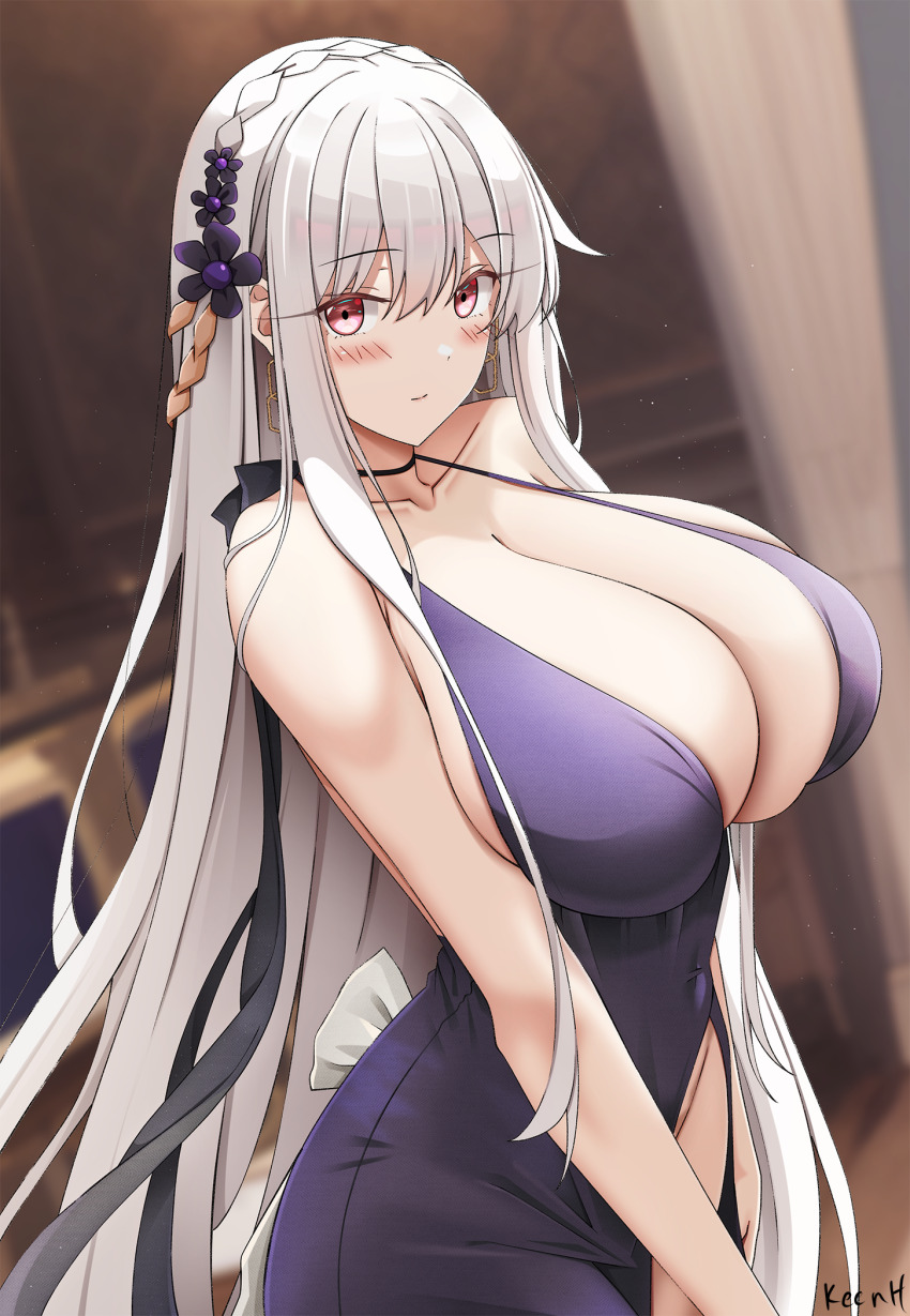 1girl artist_name bare_arms bare_shoulders blue_dress blush breasts cleavage collarbone commentary_request dress earrings girls&#039;_frontline hair_ornament highres jewelry kar98k_(girls&#039;_frontline) keenh large_breasts long_hair looking_at_viewer red_eyes smile solo white_hair