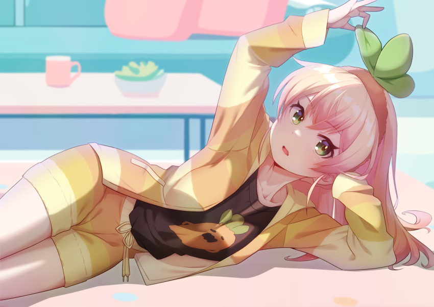 1girl black_shirt blonde_hair character_print commentary double-parted_bangs gradient_hair hairband hololive indoors jacket living_room long_hair long_sleeves looking_at_viewer loungewear lying momosuzu_nene multicolored_clothes multicolored_hair multicolored_jacket official_alternate_costume on_floor on_side open_clothes open_jacket open_mouth orange_hairband orange_jacket orange_shorts rei_k_79 shirt shorts solo striped_clothes striped_jacket two-tone_jacket two-tone_shorts virtual_youtuber yellow_jacket yellow_shorts