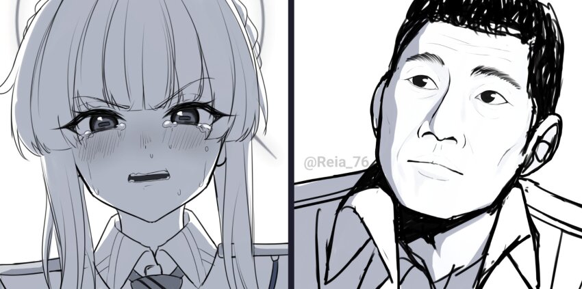 1boy 1girl backlighting blue_archive blunt_bangs blush commentary crying crying_with_eyes_open english_commentary greyscale highres i_am_a_surgeon_(meme) kaya_(blue_archive) meme monochrome parody portrait reia_76 scene_reference sensei_(blue_archive) tears the_good_doctor twitter_username v-shaped_eyebrows