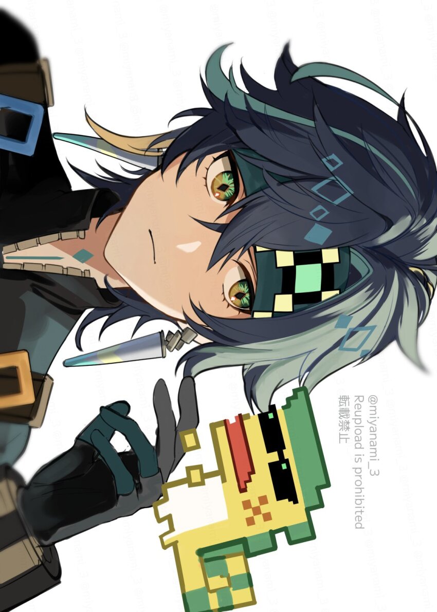 1boy 1other ajaw_(genshin_impact) black_gloves black_hair black_shirt closed_mouth earrings exif_rotation genshin_impact gloves green_eyes green_hair hair_between_eyes headband highres jewelry kinich_(genshin_impact) looking_at_viewer male_focus miyanami_3 multicolored_hair shirt short_hair solo white_background