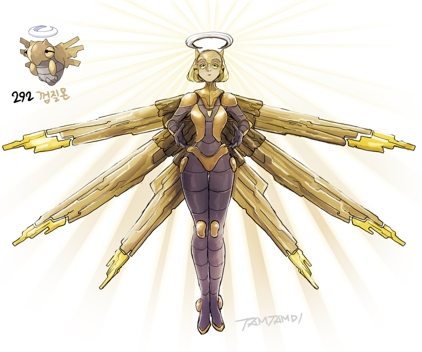 1girl armor artist_name black_bodysuit black_eyes blonde_hair bodystocking bodysuit breastplate character_name colored_sclera cone_horns creature_and_personification creatures_(company) elbow_pads expressionless full_body game_freak gen_3_pokemon gloves gold gold_armor gold_panties halo helmet highres horns jewelry knee_pads korean_text legs_together light_rays multiple_wings neck_armor necklace nintendo official_art_inset outstretched_arms personification pokedex_number pokemon reference_inset ribbed_bodysuit shedinja short_hair shoulder_pads sunburst tamtamdi white_halo wings yellow_eyes yellow_sclera