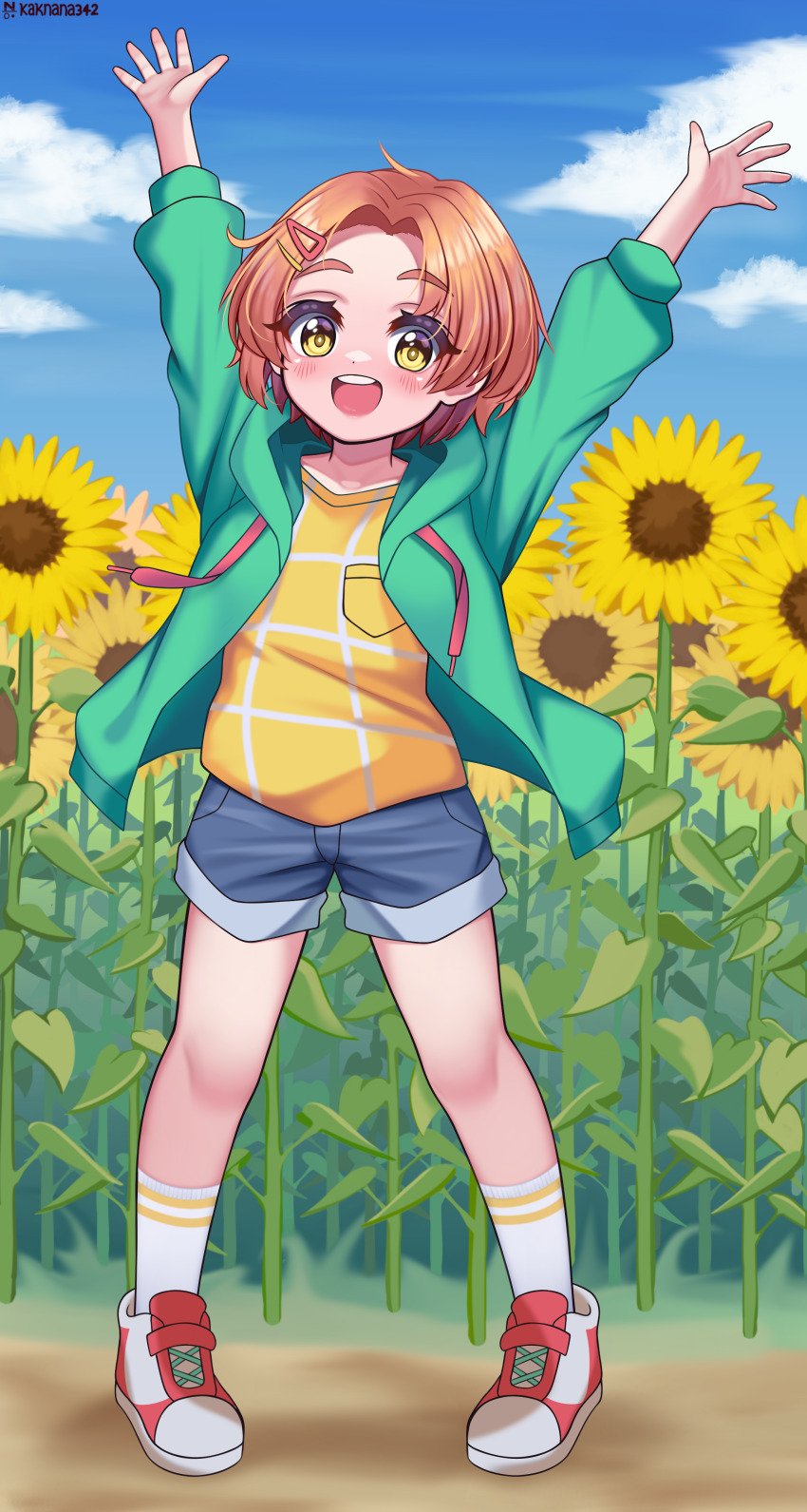 1girl :d absurdres arms_up artist_name blush cloud day flower green_jacket hair_ornament hairclip highres idolmaster idolmaster_cinderella_girls jacket looking_at_viewer naneko342 open_mouth outdoors red_footwear ryuzaki_kaoru shirt shoes short_hair short_shorts shorts smile sneakers socks solo standing sunflower white_socks yellow_shirt