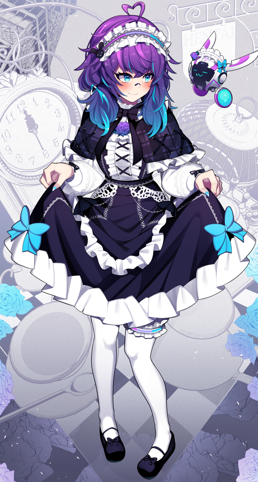 1girl absurdres ahoge akagi_(sk0127aho) apron bandaid bandaid_on_face bandaid_on_nose black_footwear blue_eyes blue_hair blue_nails blush breasts clothes_lift heart heart_ahoge highres lifting_own_clothes looking_at_viewer maid maid_apron maid_headdress medium_breasts melody_(projektmelody) nail_polish purple_hair shoes skirt skirt_hold skirt_lift smile t0m_(projektmelody) thighhighs virtual_youtuber vshojo white_apron white_sleeves white_thighhighs