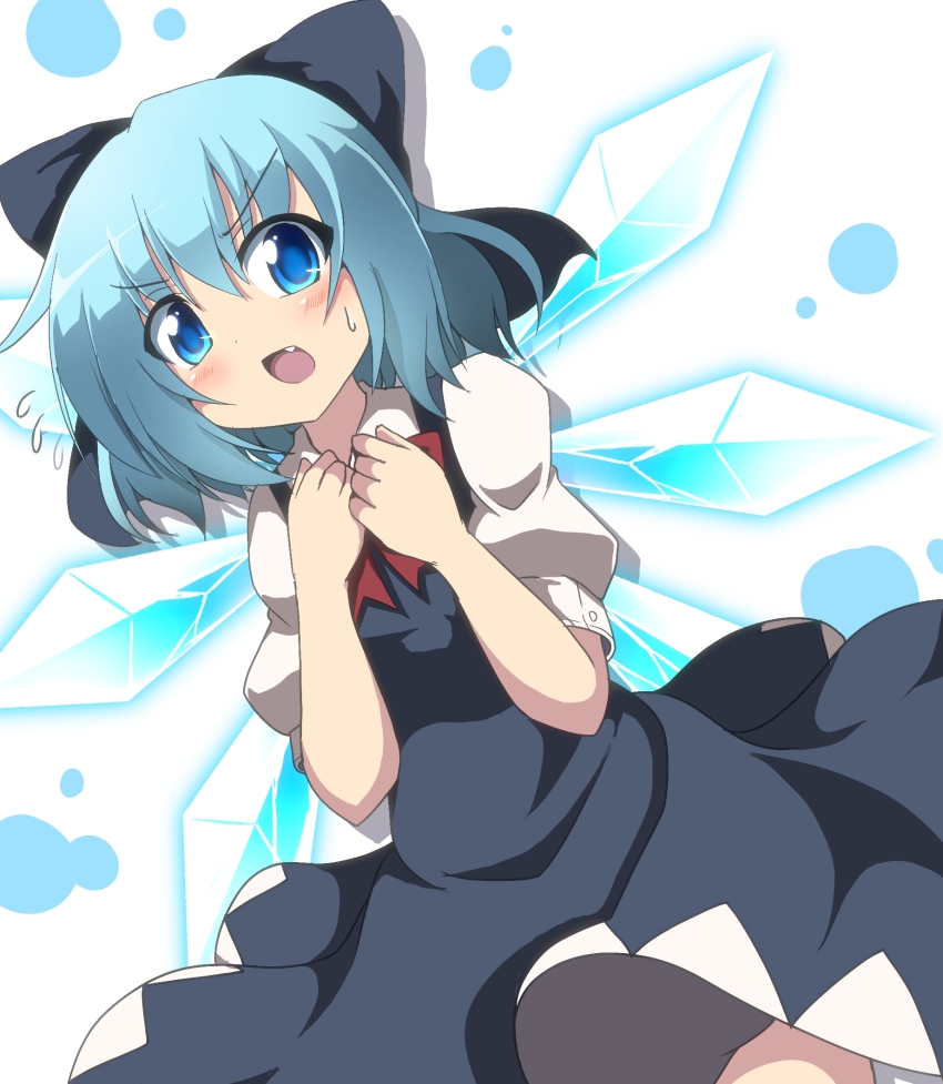 1girl blonde_hair blue_dress blue_hair bow cirno do_(4-rt) dress dutch_angle fang female_focus flying_sweatdrops hair_bow hands_on_own_chest highres ice ice_wings looking_at_viewer open_mouth puffy_short_sleeves puffy_sleeves shirt short_sleeves solo touhou wings