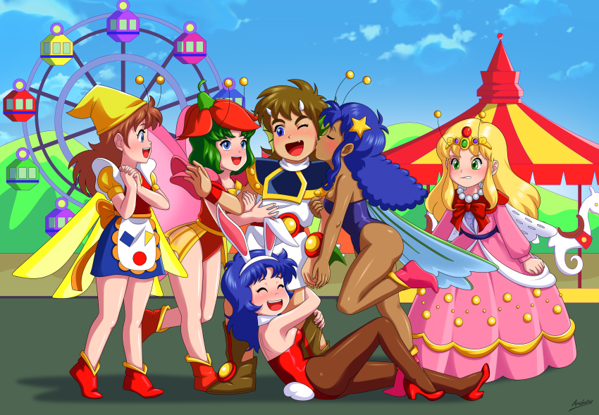 1boy 5girls absurdres antennae apron arabatos armor blonde_hair blouse blue_eyes blue_hair boots bracer breasts brown_hair bunny_(marvel_land) carousel commission commissioner_upload dress closed_eyes fairground fairy fairy_wings ferris_wheel florie_(marvel_land) flower green_eyes hair_ornament hat highres horns huge_filesize jewelry kiss leotard long_hair marvel_land multiple_girls namco necklace pako_(marvel_land) pearl_necklace princess_luxie rabbit_ears rabbit_tail red_hair ribbon scowl sega shirt shoes short_hair skirt smile star_(symbol) star_hair_ornament sweetie_(marvel_land) sylphie_(marvel_land) tagme tail thighhighs tiara wings