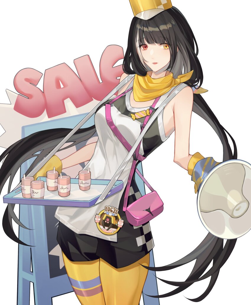 1girl absurdres apron black_dress black_hair breasts commentary dress english_commentary english_text feet_out_of_frame girls&#039;_frontline gloves hat heterochromia highres holding holding_megaphone holding_tray long_hair looking_at_viewer megaphone official_alternate_costume pantyhose parted_lips red_eyes ro635_(girls&#039;_frontline) ro635_(sakura_milkshake)_(girls&#039;_frontline) scarf shinyuxo solo standing tray very_long_hair white_apron white_background yellow_eyes yellow_gloves yellow_hat yellow_pantyhose yellow_scarf