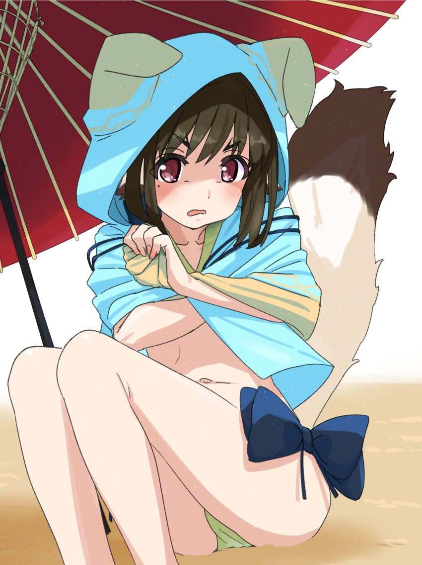 1girl absurdres ainu_clothes animal_ears aquaplus beach blush brown_hair collarbone feet_out_of_frame from_side full_body hair_between_eyes highres hithili hood hood_up hooded_jacket hoodie jacket knees_up legs_together looking_at_viewer midriff_peek mole mole_under_eye nekone_(utawarerumono) open_mouth panties pantyshot red_eyes sand sidelocks sitting solo swimsuit tail thighs umbrella underwear utawarerumono utawarerumono:_itsuwari_no_kamen utawarerumono:_lost_flag