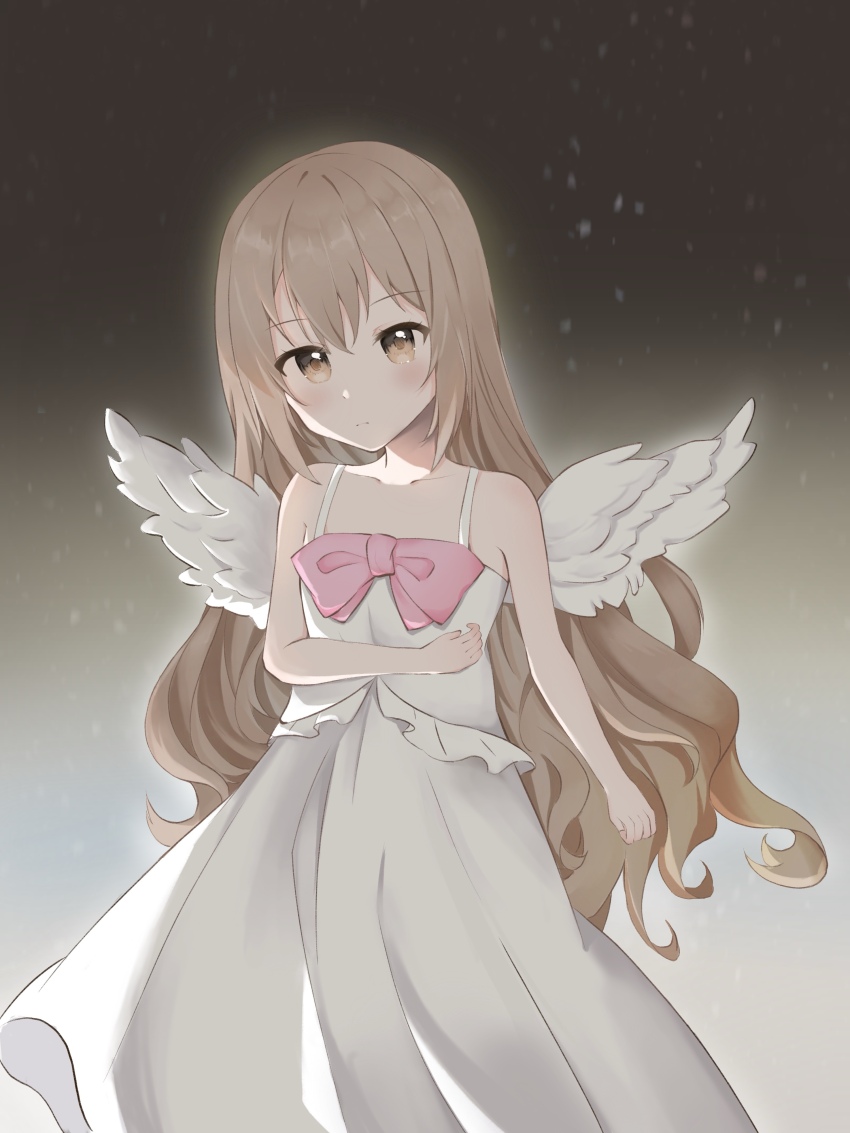 1girl :| absurdres aisaka_taiga angel_wings arm_at_side bare_shoulders bow brown_background brown_eyes closed_mouth collarbone commentary_request dot_nose dress expressionless feathered_wings feet_out_of_frame flat_chest glowing gradient_background haichibugou hair_between_eyes highres light_blush light_brown_hair long_hair looking_at_viewer pink_bow sidelighting simple_background solo strap toradora! very_long_hair wavy_hair white_background white_dress white_theme white_wings wings