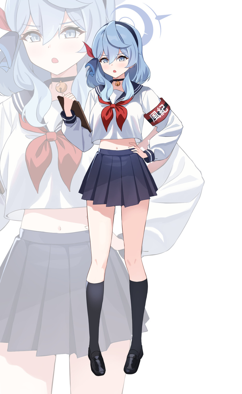 1girl absurdres ako_(blue_archive) alternate_costume armband bell black_choker black_hairband black_shoes black_socks blue_archive blue_eyes blue_hair blue_halo blue_sailor_collar blue_skirt blush bow breasts choker crop_top crop_top_overhang double-parted_bangs full_body hair_between_eyes hair_bow hairband halo hand_on_own_hip highres holding large_breasts loafers long_sleeves looking_ahead looking_at_viewer medium_hair midriff miniskirt navel neck_bell neckerchief open_mouth pleated_skirt puffy_long_sleeves puffy_sleeves rahy red_armband red_bow red_neckerchief revision sailor_collar shirt shoes simple_background skirt socks solo standing v-shaped_eyebrows white_background white_shirt zoom_layer