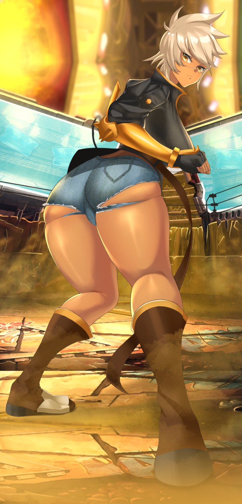 1girl absurdres arc_system_works ass blazblue blazblue_alternative:_dark_war boots breasts bullet_(blazblue) cameltoe dark-skinned_female dark_skin denim denim_shorts fingerless_gloves from_behind gloves highres huge_ass large_breasts looking_back okaimikey platinum_blonde_hair shiny_clothes shiny_skin short_hair short_shorts shorts sideboob solo thick_thighs thighs yellow_eyes