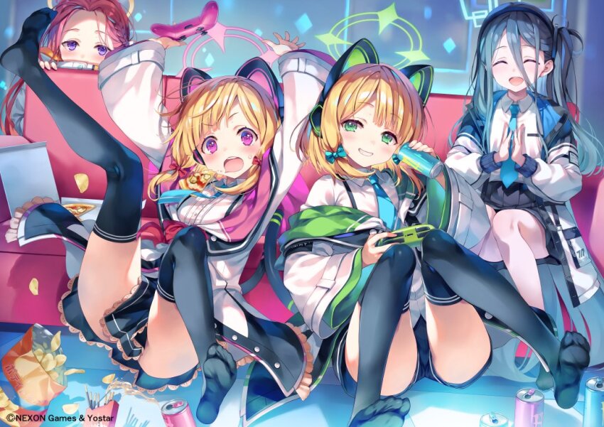 4girls :d ^_^ animal_ear_headphones animal_ears aris_(blue_archive) arms_up blonde_hair blue_archive blue_bow blue_hair blue_necktie bow braid can cat_ear_headphones chips_(food) clapping closed_eyes collared_shirt commentary_request controller couch drink_can fake_animal_ears food forehead game_controller game_development_department_(blue_archive) gamepad green_eyes grin hair_between_eyes hair_bow halo headphones holding holding_can holding_controller holding_game_controller jacket kneepits midori_(blue_archive) momoi_(blue_archive) monster_energy multiple_girls necktie no_shoes open_mouth peeking_out pizza pizza_box pizza_slice playing_games potato_chips purple_eyes red_bow red_hair shirt shorts single_off_shoulder sitting skirt smile soda_can thighhighs tomose_shunsaku upskirt white_shirt yuzu_(blue_archive)