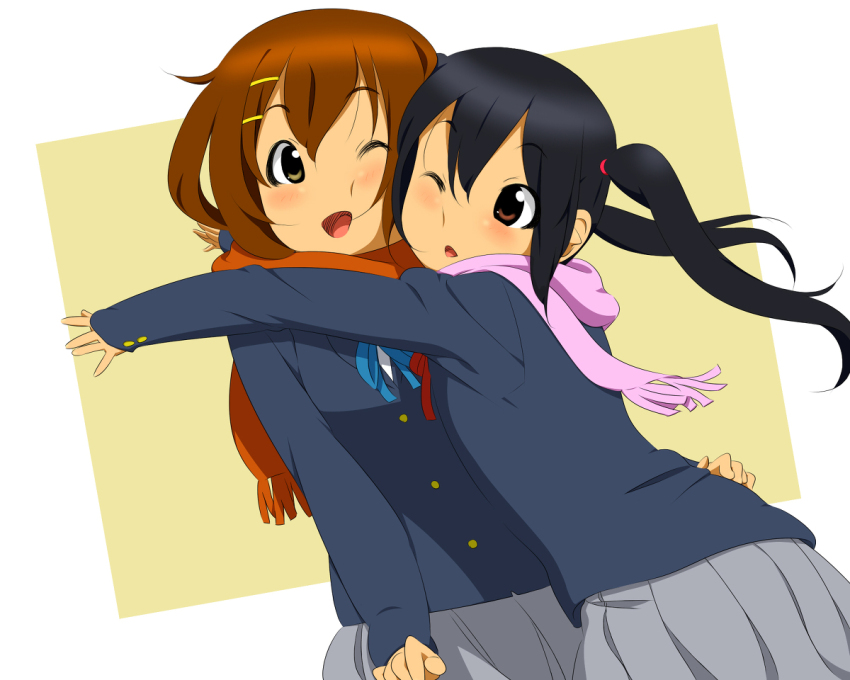 2girls black_hair female_focus hair_between_eyes hair_ornament hairclip hirasawa_yui hug k-on! long_hair long_sleeves mariatan1_2 multiple_girls nakano_azusa one_eye_closed open_mouth sakuragaoka_high_school_uniform scarf school_uniform short_hair skirt standing twintails