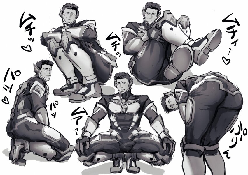 1boy ao_isami ass bara black_hair bodysuit covered_penis facial_hair foreshortening fundoshi greyscale highres japanese_clothes jup84973 large_pectorals legs_together looking_at_viewer male_focus monochrome multiple_views muscular muscular_male pectorals short_hair shy sideburns_stubble spread_legs squatting stubble thick_eyebrows thick_thighs thighs translation_request tsurime yuuki_bakuhatsu_bang_bravern