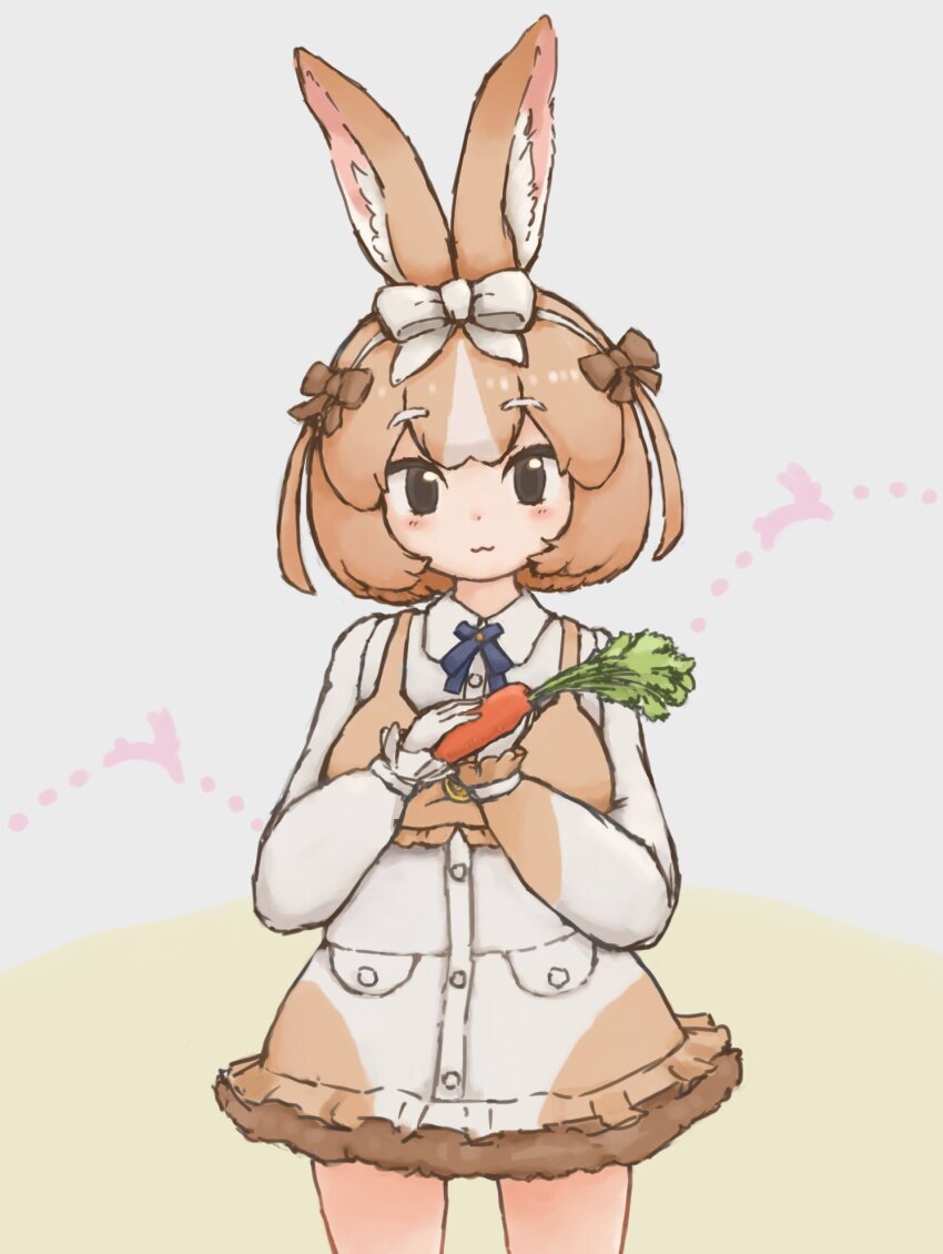 1girl animal_ears black_eyes bow bowtie brown_hair carrot domestic_rabbit_(kemono_friends) dress extra_ears food gloves highres kemono_friends looking_at_viewer rabbit_ears rabbit_girl ribbon shirt short_hair simple_background skirt solo vegetable zzz_ansh