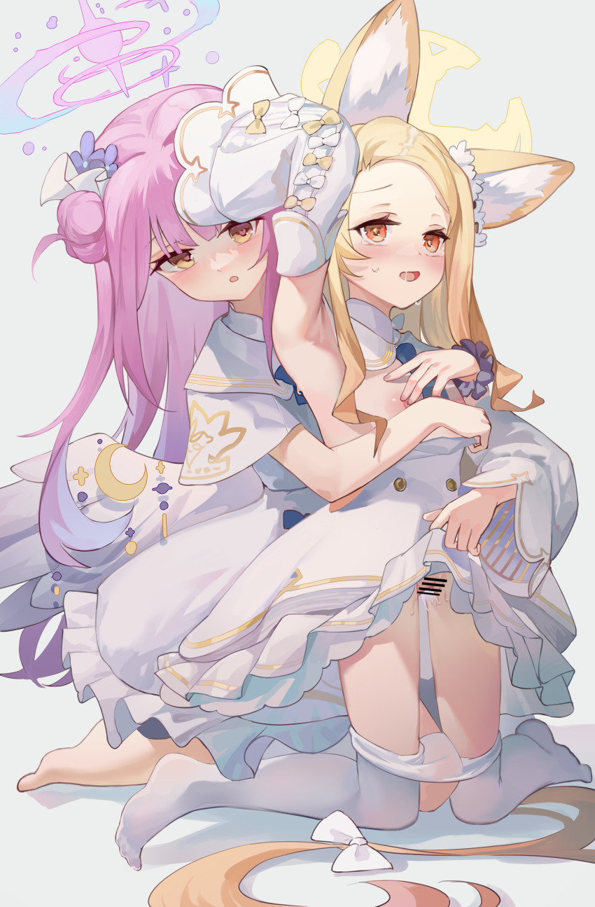 1girl 2girls :o absurdres angel_wings animal_ears armpits bar_censor barefoot black_scrunchie blonde_hair blue_archive blush bow capelet censored censored_clitoris clothes_lift cross_halo dress dress_lift feathered_wings feet flat_chest forehead fox_ears gradient_eyes gradient_halo hair_bow hair_bun halo hand_on_another&#039;s_chest highres long_hair low_wings mika_(blue_archive) multicolored_eyes multicolored_halo multiple_girls nipples pantyhose pink_hair pink_halo pussy pussy_juice saliva samele_otaku scrunchie seia_(blue_archive) simple_background sleeve_bow sweat tearing_up white_background white_bow white_capelet white_pantyhose white_wings wing_ornament wings wrist_scrunchie yellow_halo