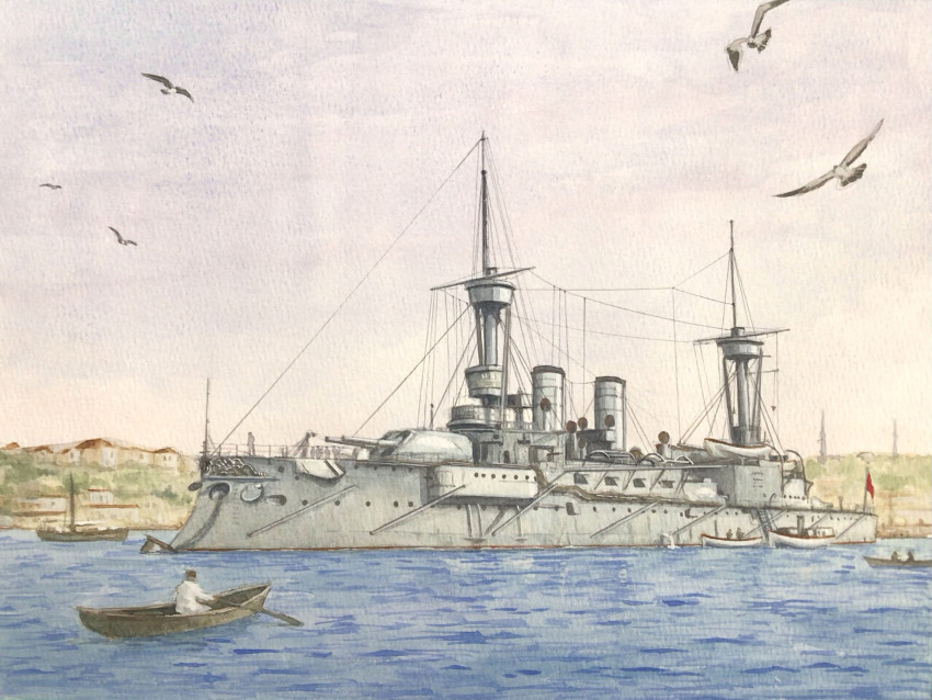 atelier_bono battleship bird boat highres mast military_vehicle ocean original ottoman_empire ottoman_navy painting_(medium) port rowboat seagull ship smokestack traditional_media turgut_reis_(battleship) turret vehicle_focus warship watercolor_(medium) watercraft