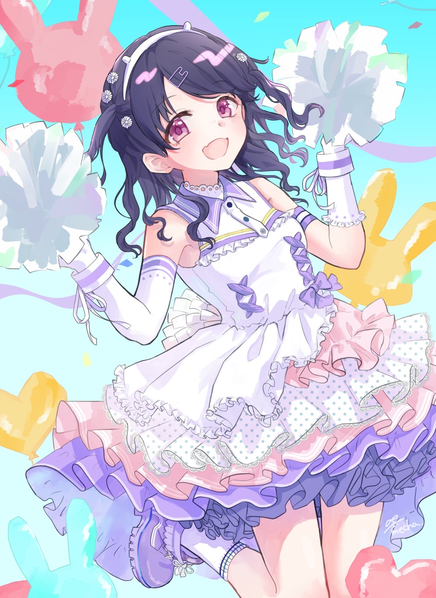 1girl absurdres asymmetrical_gloves balloon black_hair blue_background boots cheering cheerleader commentary_request dress elbow_gloves fangs frilled_dress frills fukumaru_koito gloves hair_ornament hairband hairclip highres holding holding_pom_poms idolmaster idolmaster_shiny_colors kiri_meee layered_dress layered_skirt long_hair looking_at_viewer open_mouth pom_pom_(cheerleading) pom_poms purple_eyes single_elbow_glove skin_fangs skirt sleeveless sleeveless_dress socks solo twintails two_side_up uneven_gloves white_dress white_gloves white_socks