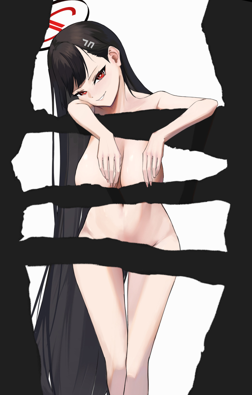 1girl absurdres black_hair blue_archive breasts bright_pupils completely_nude feet_out_of_frame hair_ornament hairpin halo highres kaba_(hama) large_breasts long_hair looking_at_viewer navel nude red_eyes ringed_eyes rio_(blue_archive) solo white_pupils