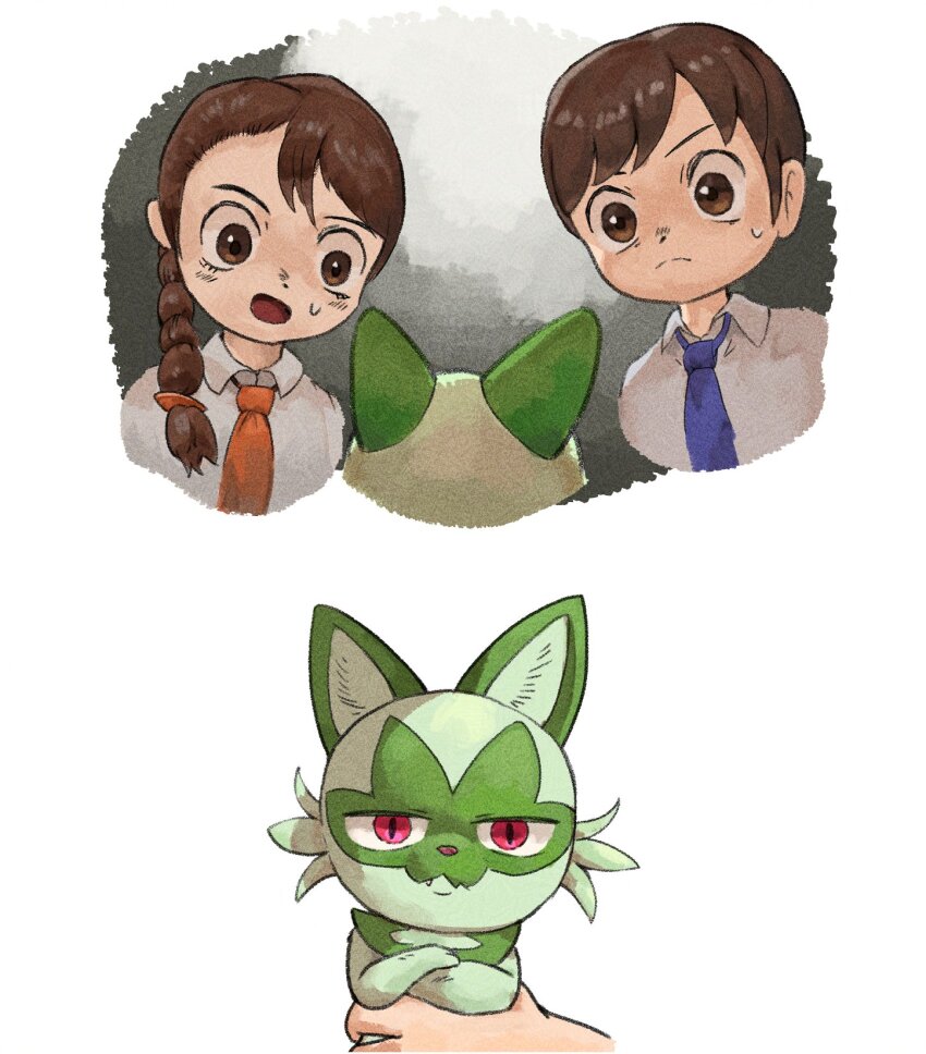 1boy 1girl blue_necktie brown_eyes brown_hair collared_shirt creatures_(company) crossed_arms florian_(pokemon) game_freak green_fur grey_shirt highres holding holding_pokemon juliana_(pokemon) medium_hair meme naranja_academy_school_uniform necktie nintendo open_mouth orange_necktie pepper_gecko72 pink_eyes pokemon pokemon_(creature) pokemon_sv ponytail queen_never_cry_(meme) school_uniform shirt short_hair slit_pupils sprigatito sweatdrop two-tone_fur uva_academy_school_uniform