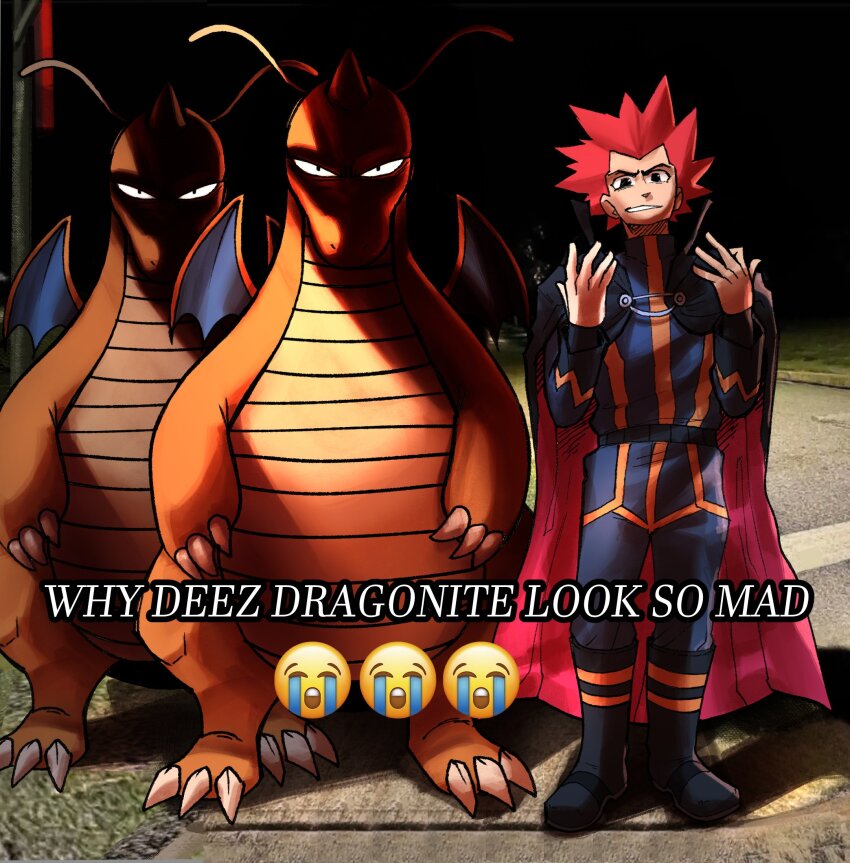 artist_request cape claws creatures_(company) dragonite elite_four emoji english_text fake_screenshot full_body game_freak gen_1_pokemon grin lance_(pokemon) looking_at_viewer male_focus meme night nintendo pokemon pokemon_(creature) road serious shaded_face smile spiked_hair street tail why_dis_ninja_look_so_mad_(meme) wings