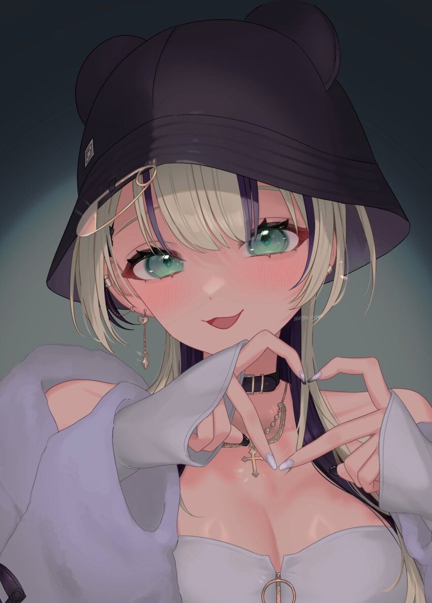 1girl :3 bare_shoulders bear_hat belt_collar black_hair black_hat blonde_hair breasts bucket_hat cleavage close-up collar cross cross_necklace earclip earrings eyelashes green_eyes hat heart_hand highres iris_black_games jacket jewelry kurumi_noah kurumi_noah_(7th_costume) long_sleeves medium_breasts meisa_orion multicolored_hair nail_polish necklace o-ring off_shoulder open_mouth safety_pin shiny_skin simple_background sleeves_past_wrists solo strapless streaked_hair tube_top virtual_youtuber vspo! white_jacket white_nails white_tube_top wolf_cut