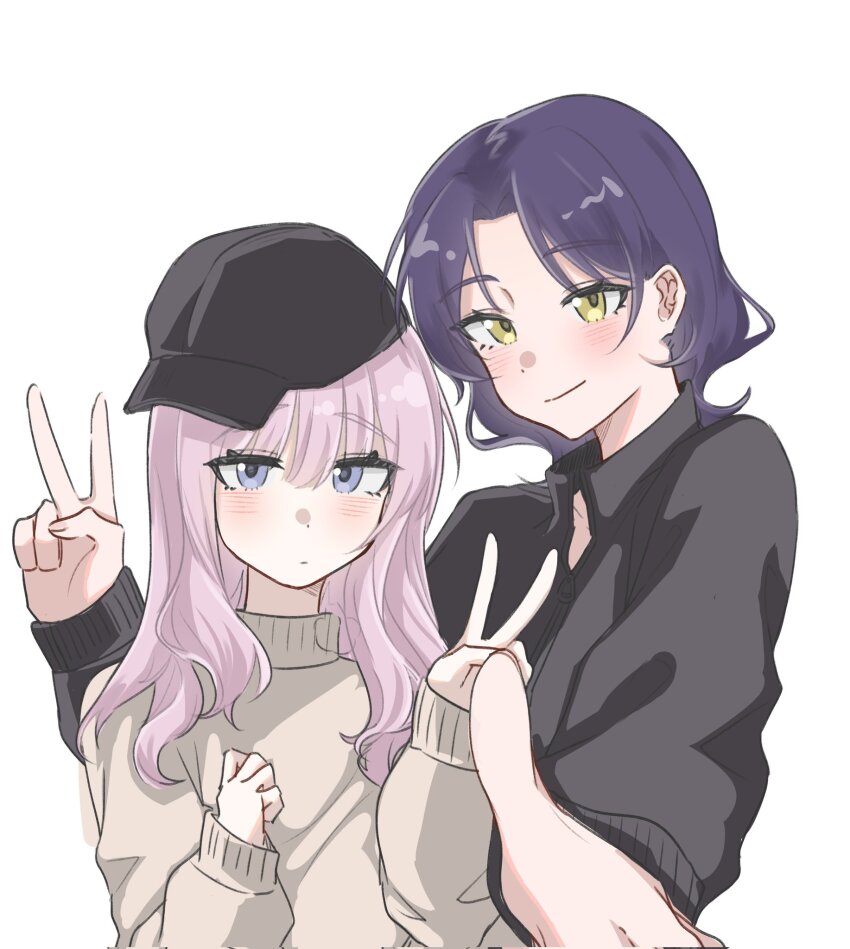 2girls baseball_cap black_hat black_jacket blue_eyes blue_hair blush brown_sweater chinese_commentary closed_mouth commentary_request girls_band_cry hair_down hand_up hat highres hina_(girls_band_cry) jacket long_hair long_sleeves multiple_girls nana_(girls_band_cry) pealerprpr pink_hair simple_background sweater v white_background yellow_eyes zipper_pull_tab