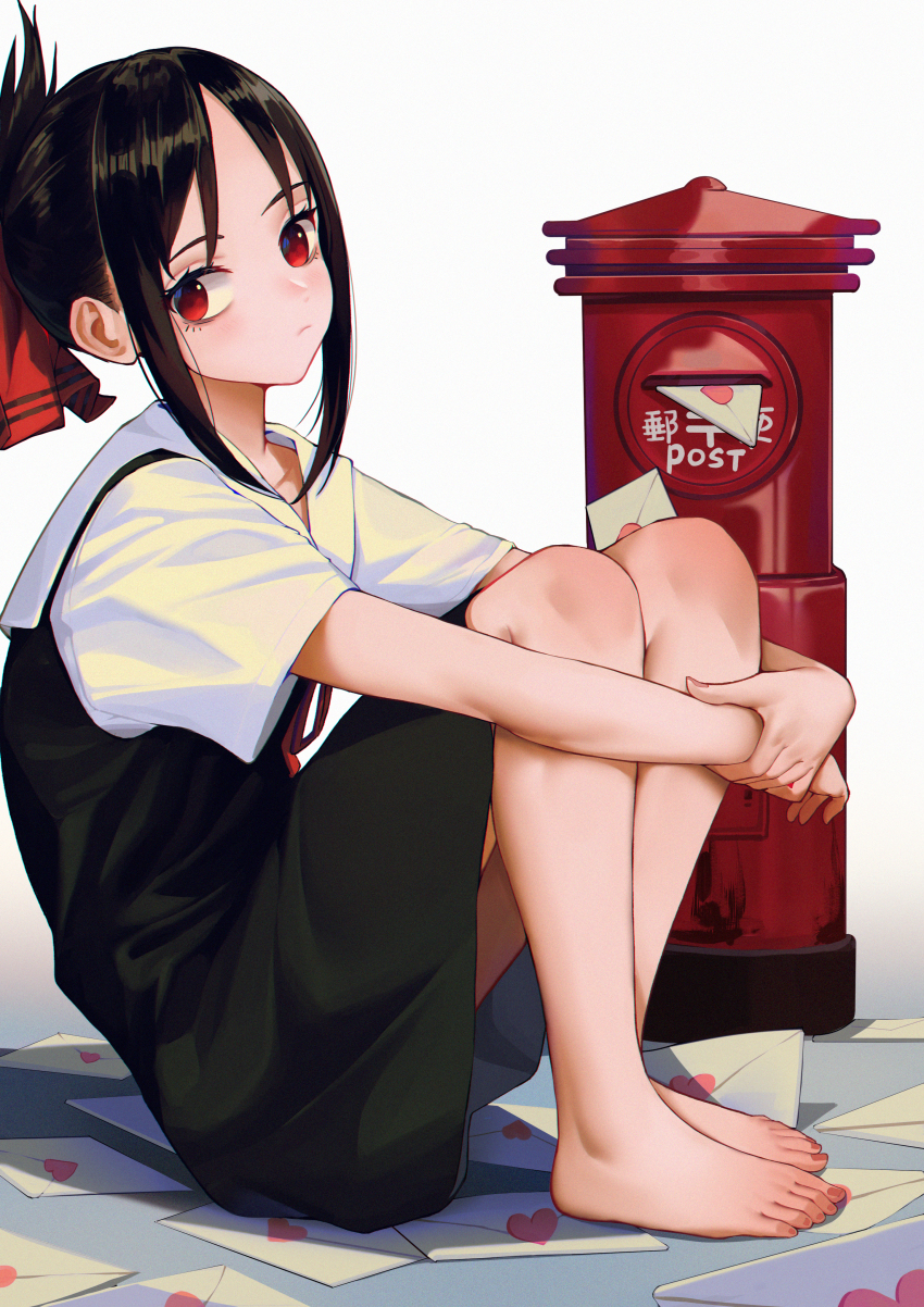 absurdres barefoot black_hair blouse blush commentary_request dress feet folded_ponytail from_side full_body hair_ribbon highres huge_filesize kaguya-sama_wa_kokurasetai_~tensai-tachi_no_renai_zunousen~ looking_at_viewer nail_polish parted_bangs pinafore_dress red_eyes red_ribbon ribbon school_uniform shinomiya_kaguya shirt shuuchiin_academy_school_uniform sitting sleeveless_dress solo toenail_polish toenails toes white_background white_shirt xingchee