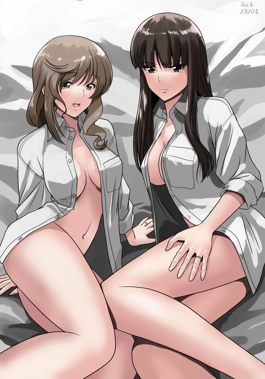 2girls arm_support bottomless breasts brown_eyes brown_hair cleavage girls_und_panzer highres jewelry large_breasts legs_together long_hair looking_at_viewer matsui_yasutsugu mature_female multiple_girls naked_shirt navel nishizumi_shiho on_bed open_clothes open_mouth open_shirt ring shimada_chiyo shirt