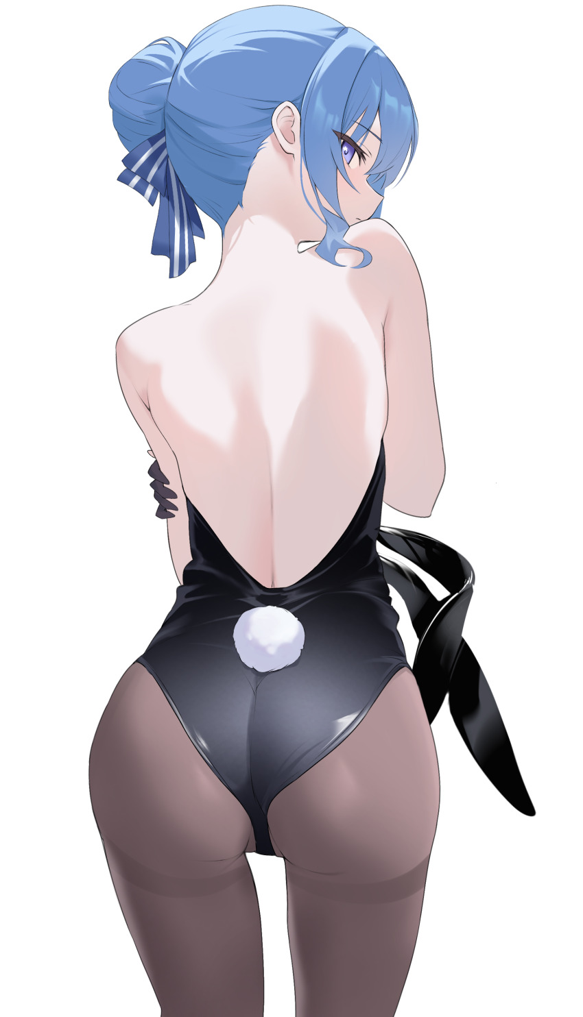 1girl absurdres animal_ear_hairband animal_ears ass back backless_leotard bare_back bare_shoulders black_gloves black_leotard blue_eyes blue_hair clothing_cutout fake_animal_ears fake_tail fawny from_behind gloves hair_between_eyes hair_bun hair_ribbon hairband hand_on_own_arm highres holding_hairband hololive hoshimachi_suisei leotard long_hair looking_at_viewer looking_back median_furrow nape pantyhose playboy_bunny rabbit_ear_hairband rabbit_ears rabbit_tail ribbon simple_background single_hair_bun solo star_(symbol) star_in_eye strapless strapless_leotard symbol_in_eye tail tail_through_clothes thighband_pantyhose thighs virtual_youtuber white_background