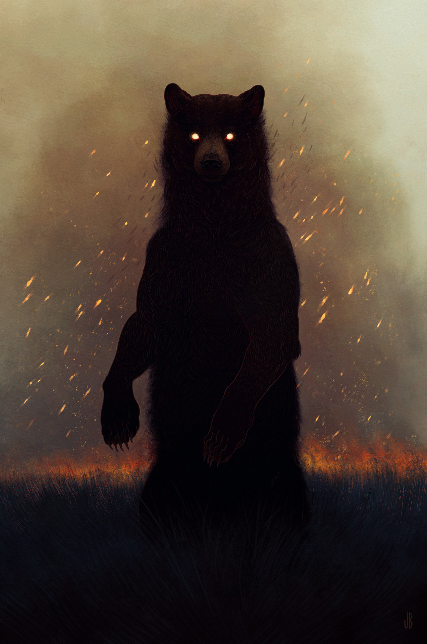 absurdres animal animal_focus bear black_fur blank_eyes burning commentary dappermouth dark day embers english_commentary fire glowing glowing_eyes grass grey_sky highres horror_(theme) looking_at_viewer no_humans orange_eyes original outdoors realistic signature sky smoke sparks standing wildfire