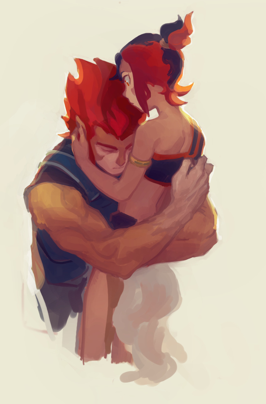 1boy 1girl absurdres feason highres hug lion-o midriff multicolored_hair red_hair tagme tail thundercats wilykit